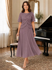 Tea-Length Chiffon Mother of the Bride Dress with Sequin Lace Sleeves