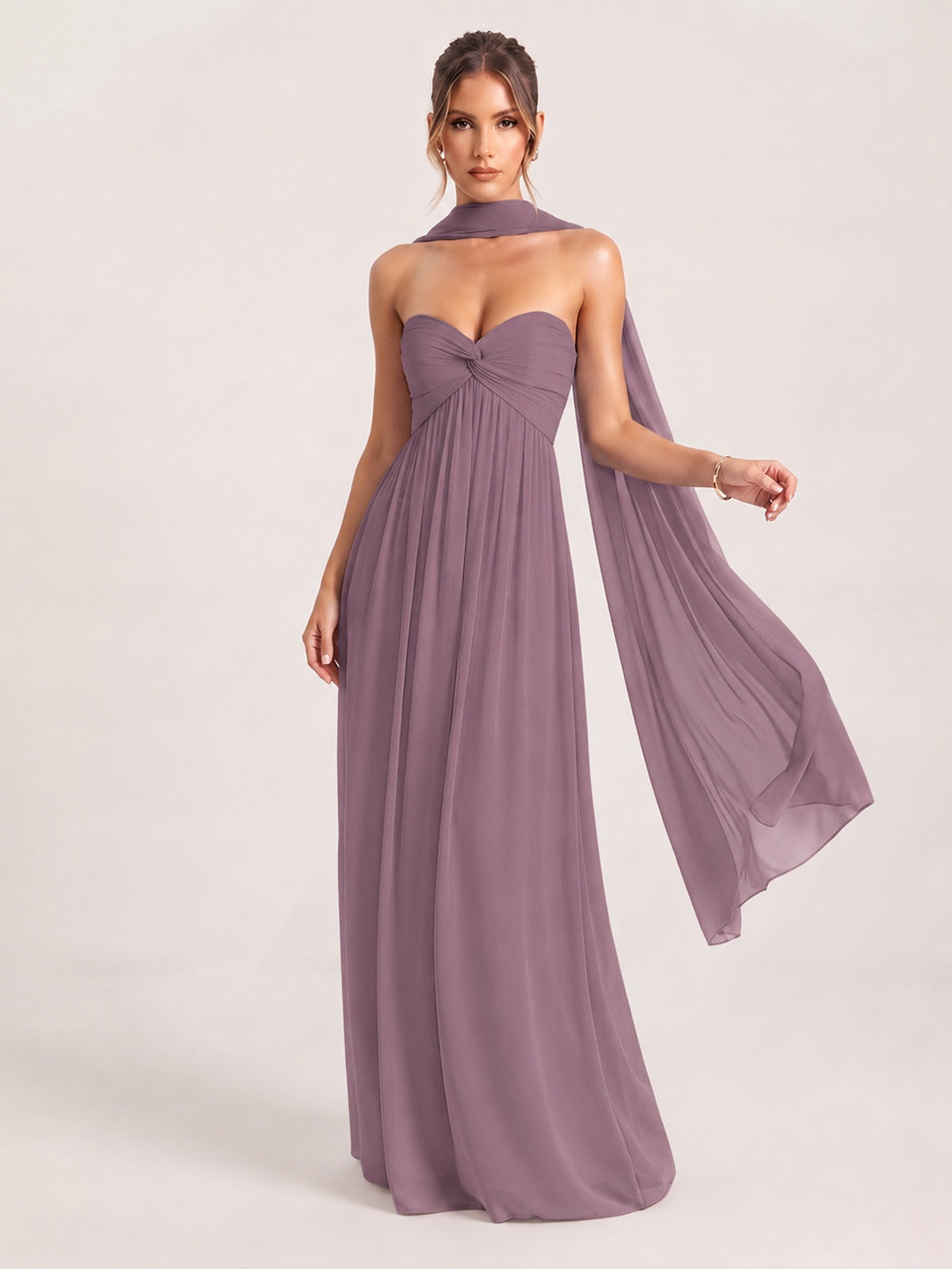 Wisteria Strapless Ruched Chiffon Long Prom Dress with Scarf A-line Sweetheart Ruffled Formal Wedding Guest Dress Evening Gown