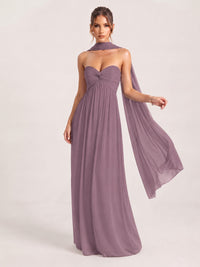 Wisteria Strapless Ruched Chiffon Long Prom Dress with Scarf A-line Sweetheart Ruffled Formal Wedding Guest Dress Evening Gown