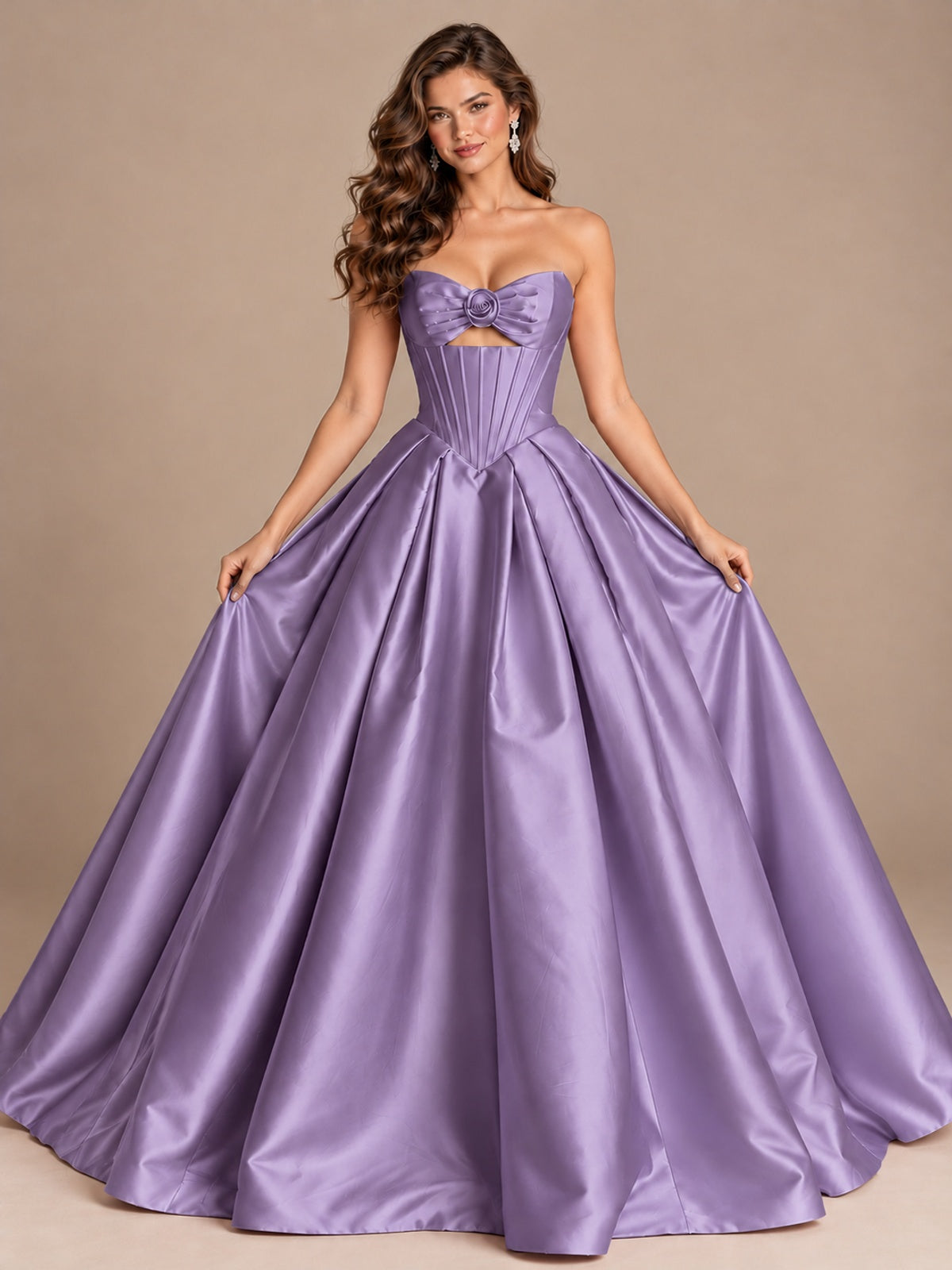 Pink Strapless Corset Satin Prom Derss & Ball Gown with 3D Floral