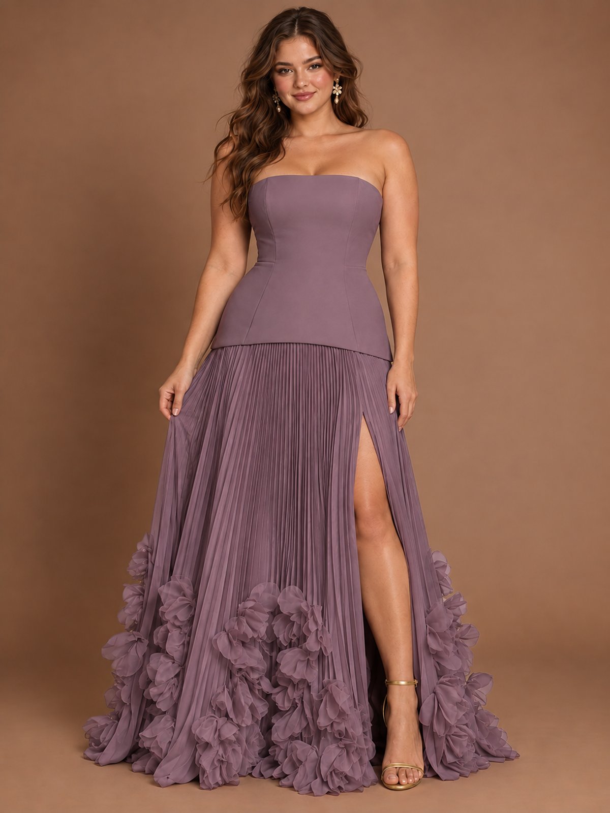Strapless Pleated Floral Satin Formal Dress with Side Slit