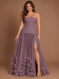 Strapless Pleated Floral Satin Formal Dress with Side Slit