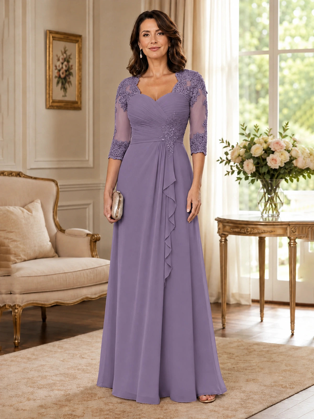 Chiffon Lace Applique Mother of the Bride Dress with 3/4 Sleeves