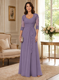 Chiffon Lace Applique Mother of the Bride Dress with 3/4 Sleeves