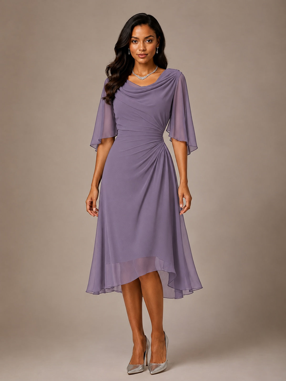 Cowl Neck Ruched Chiffon Mother of the Bride Dresses with Flutter Sleeves