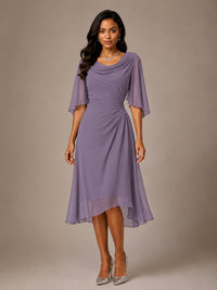 Cowl Neck Ruched Chiffon Mother of the Bride Dresses with Flutter Sleeves