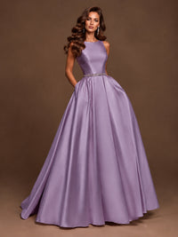 Satin A-Line Prom Dress Sleeveless Beaded Waist Formal Gown with Pockets