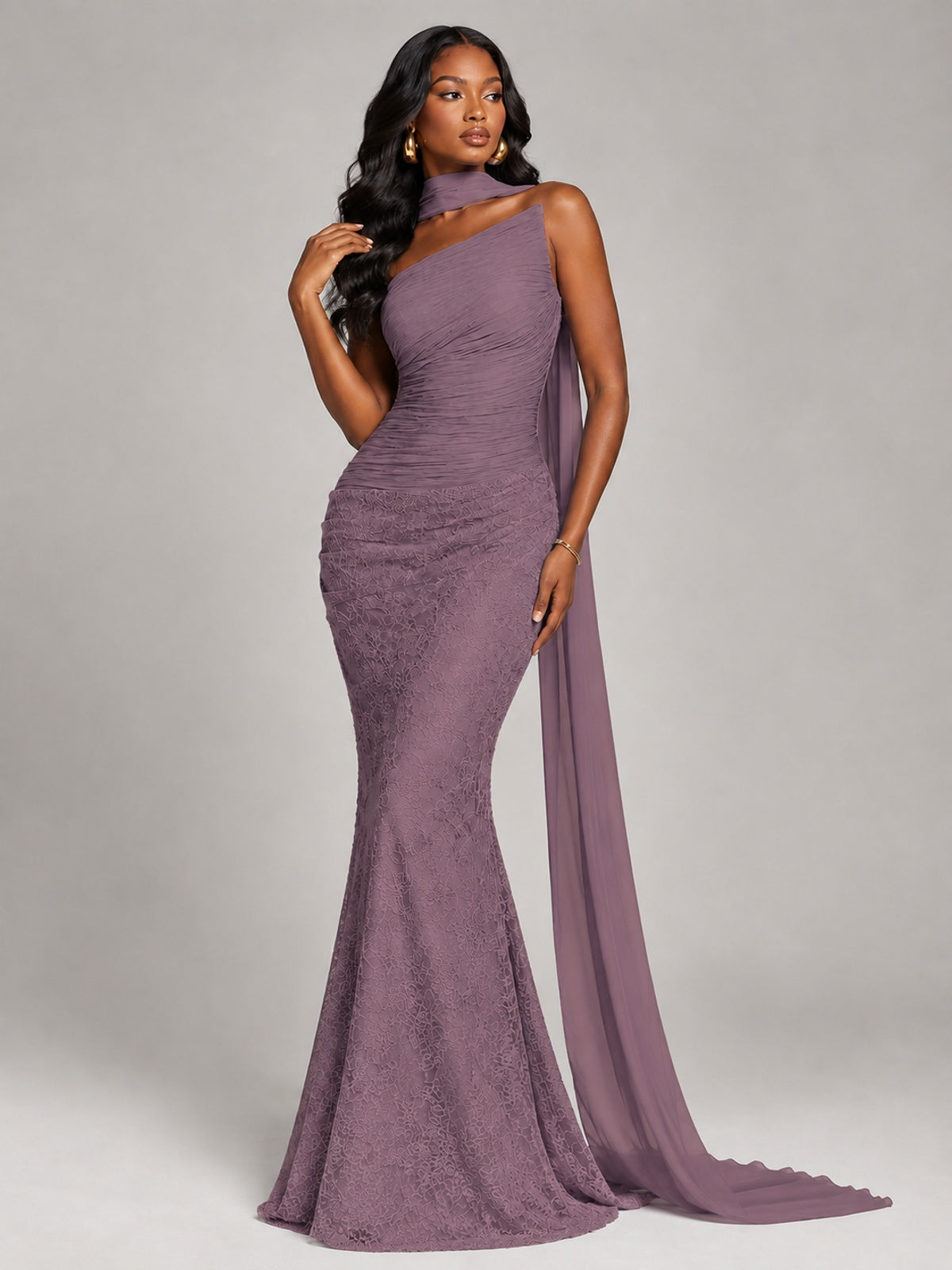 Pleated Chiffon Lace Prom Dresses Long Bodycon Mermaid with Scarf