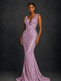 Gold Sequin Floral Applique Mermaid Prom Dress