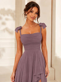 Ruffle Slit Chiffon A Line Scoop Neck Bridesmaid Dresses with Pockets