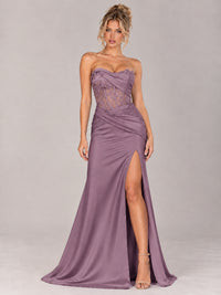 Strapless Satin Prom Dress with Sheer Lace Corset & High Slit