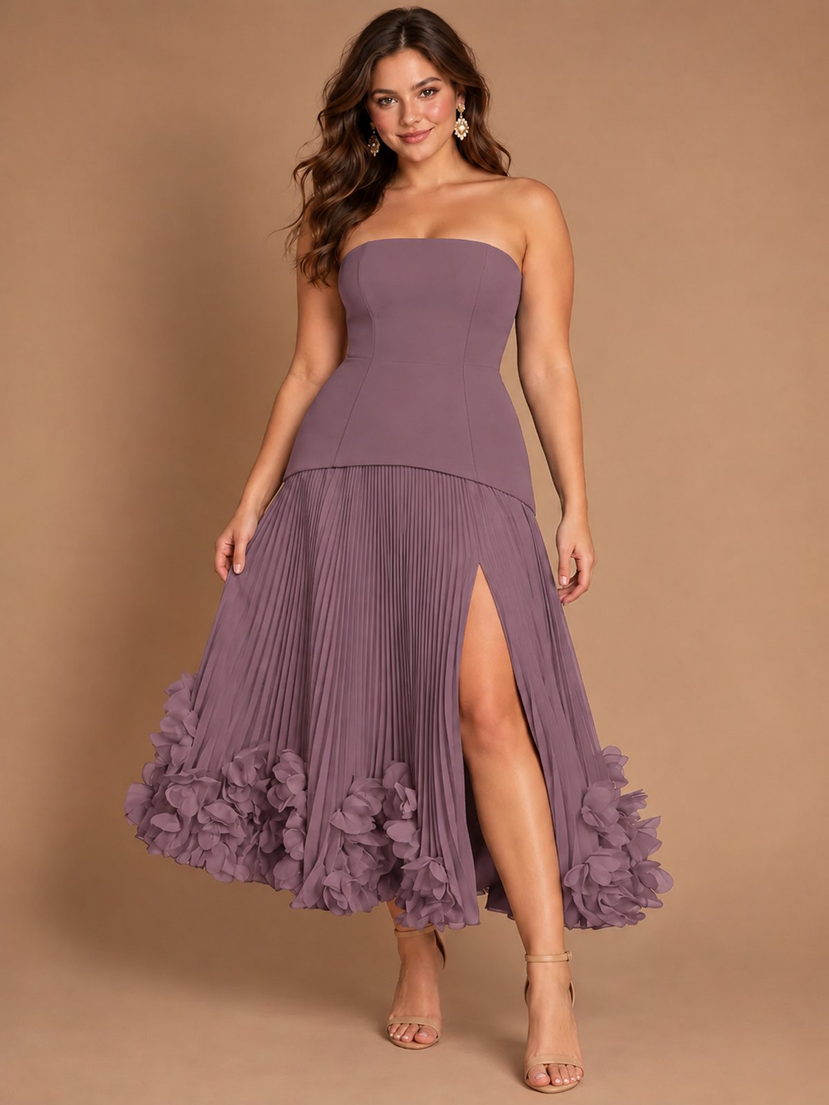 Navy Blue Strapless Pleated A-Line Midi Dress with 3D Floral Applique