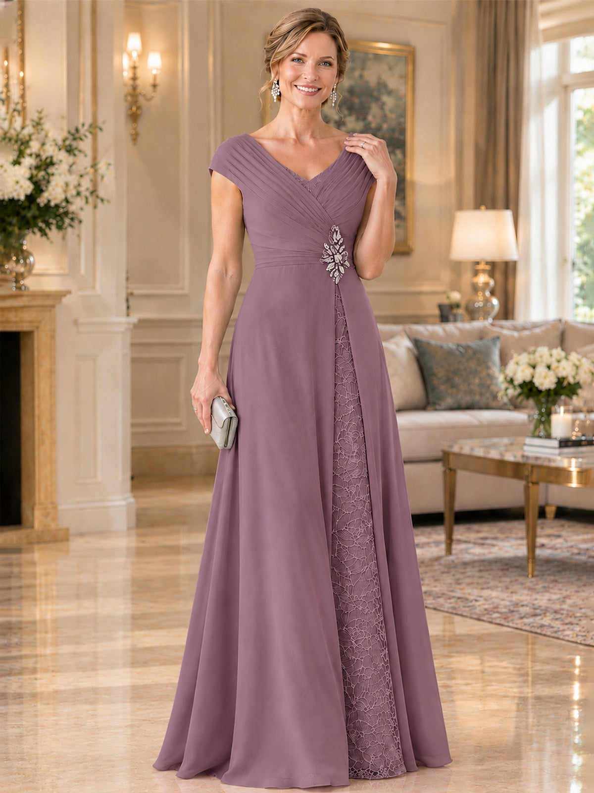 Pleated Chiffon Lace Mother of The Bride Dresses with Beading Cap Sleeves