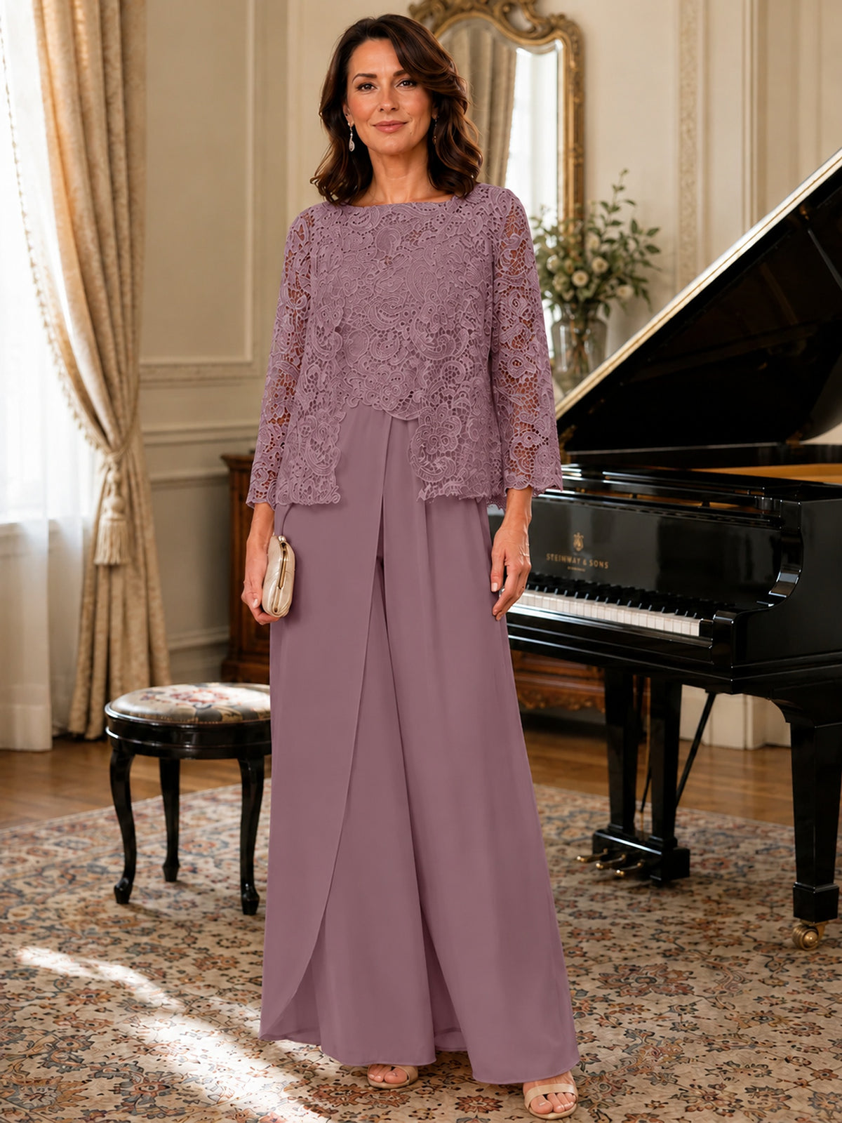 Elegant 3-Piece Chiffon Mother of the Bride Pantsuit with Floral Applique Jacket