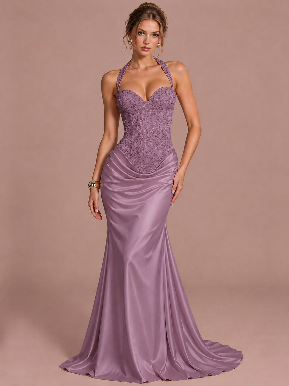Wisteria Sparkling Halter Corset Satin Mermaid Prom Dress Long Ruched Sequin Formal Gown Evening Party Dress