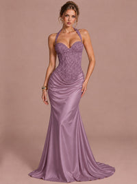 Wisteria Sparkling Halter Corset Satin Mermaid Prom Dress Long Ruched Sequin Formal Gown Evening Party Dress
