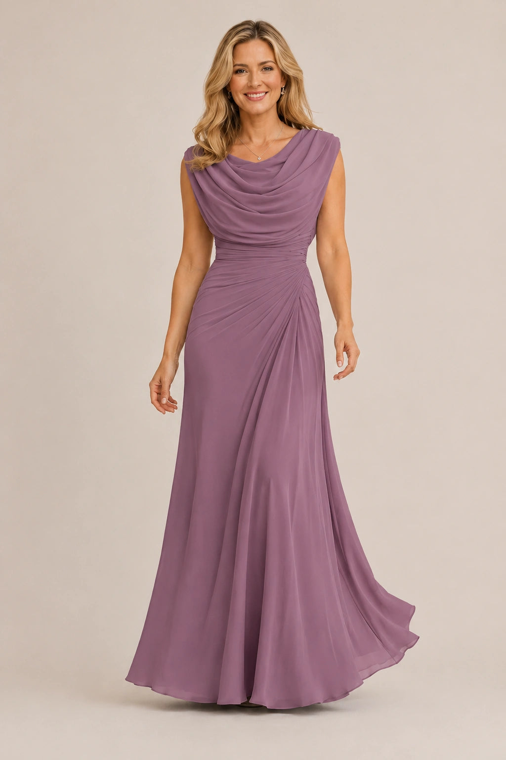 Cowl Neck Ruched Chiffon Mother of the Bride Dress