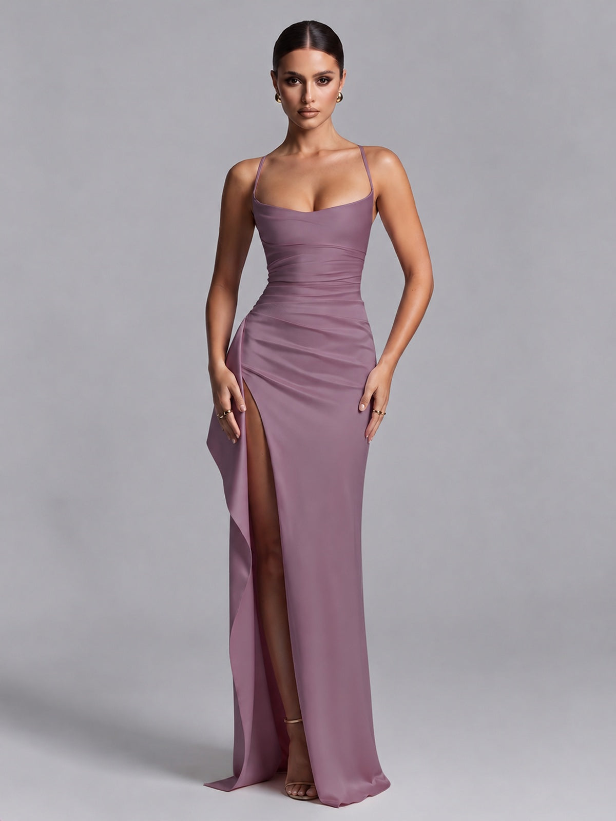 Wisteria Squre Neck Pleated Satin Prom Dresses for Teens Women Long Evening Formal Gown with Slit Ruffles
