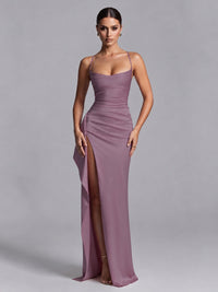Wisteria Squre Neck Pleated Satin Prom Dresses for Teens Women Long Evening Formal Gown with Slit Ruffles
