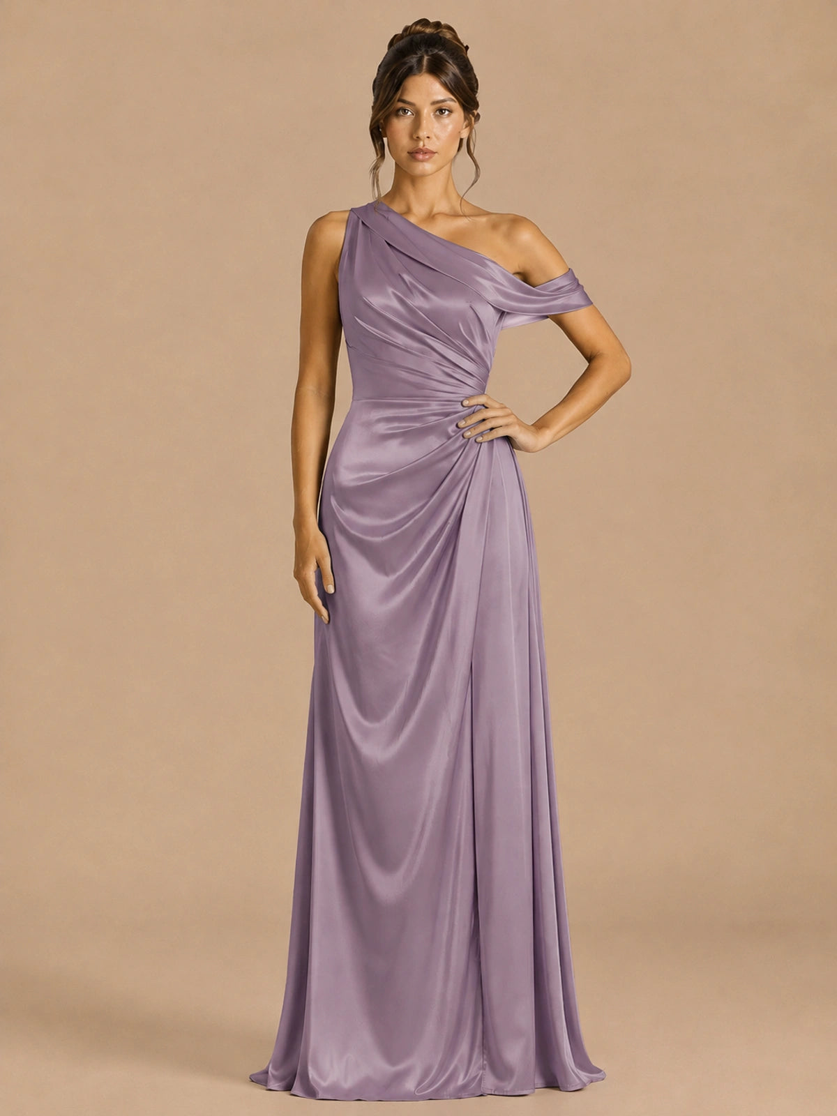 Wisteria-satin one shoulder prom dress ruched long formal gow Jovelle