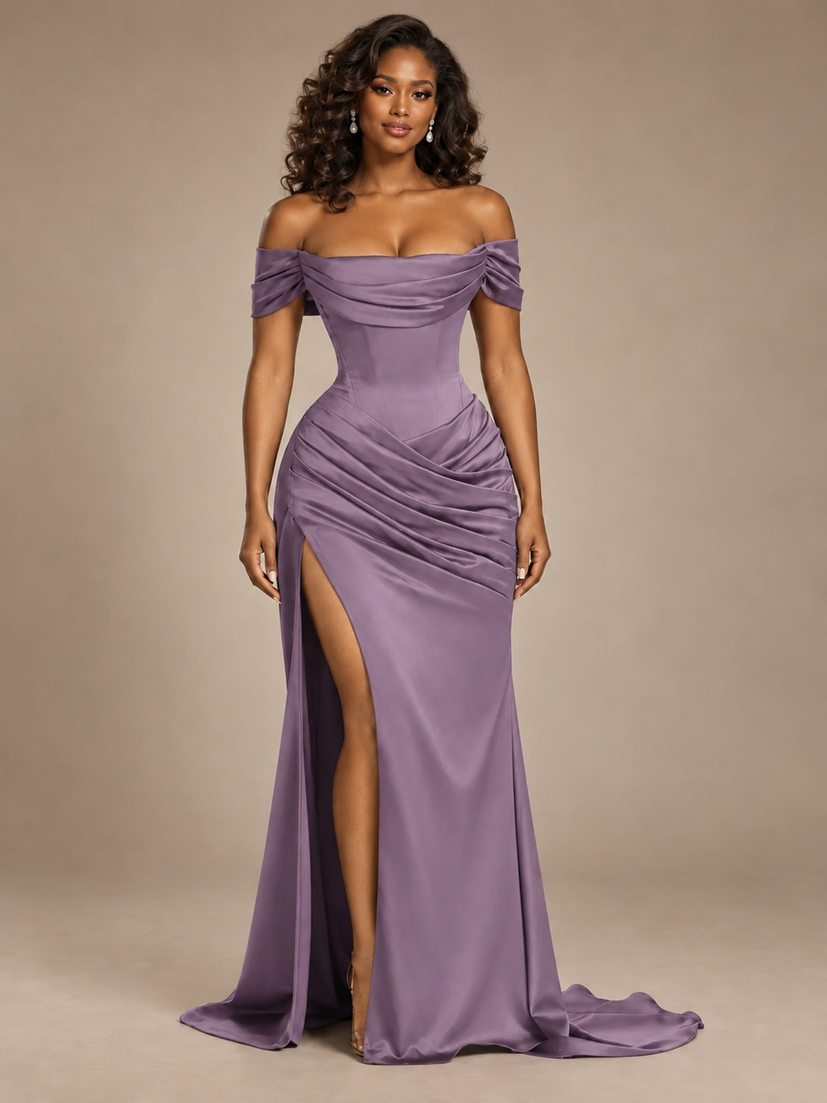Burgundy Off-the-Shoulder Satin Corset Prom Dress with Slit