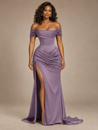 Burgundy Off-the-Shoulder Satin Corset Prom Dress with Slit