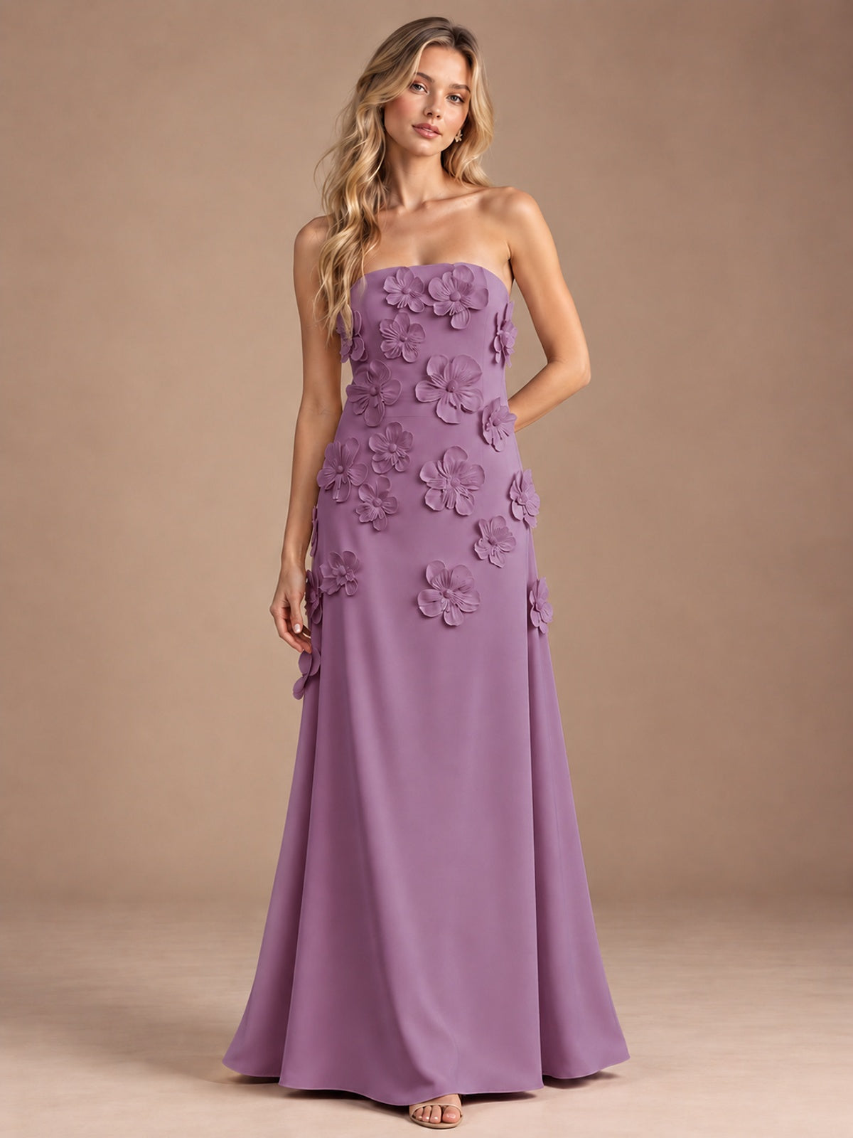 Wisteria-Strapless 3D Floral A-line Satin Prom Maxi Dress Formal Evening Gown