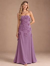 Wisteria-Strapless 3D Floral A-line Satin Prom Maxi Dress Formal Evening Gown