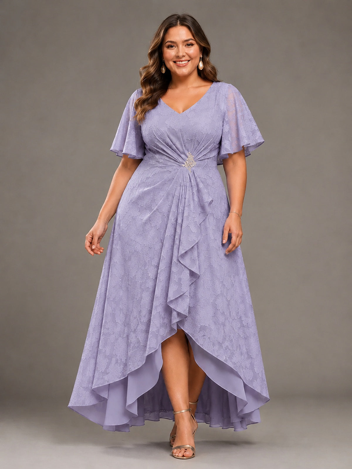 Jacquard Chiffon A-Line V-Neck High-Low Mother of the Bride Dress