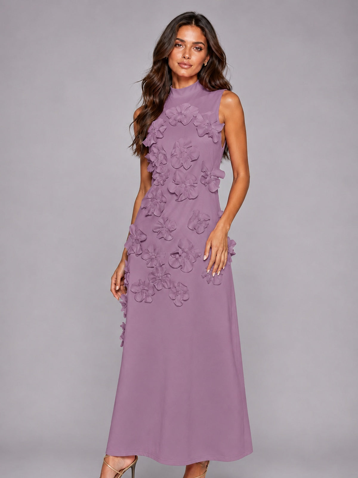 3D Floral Applique High Neck Prom Maxi Dress