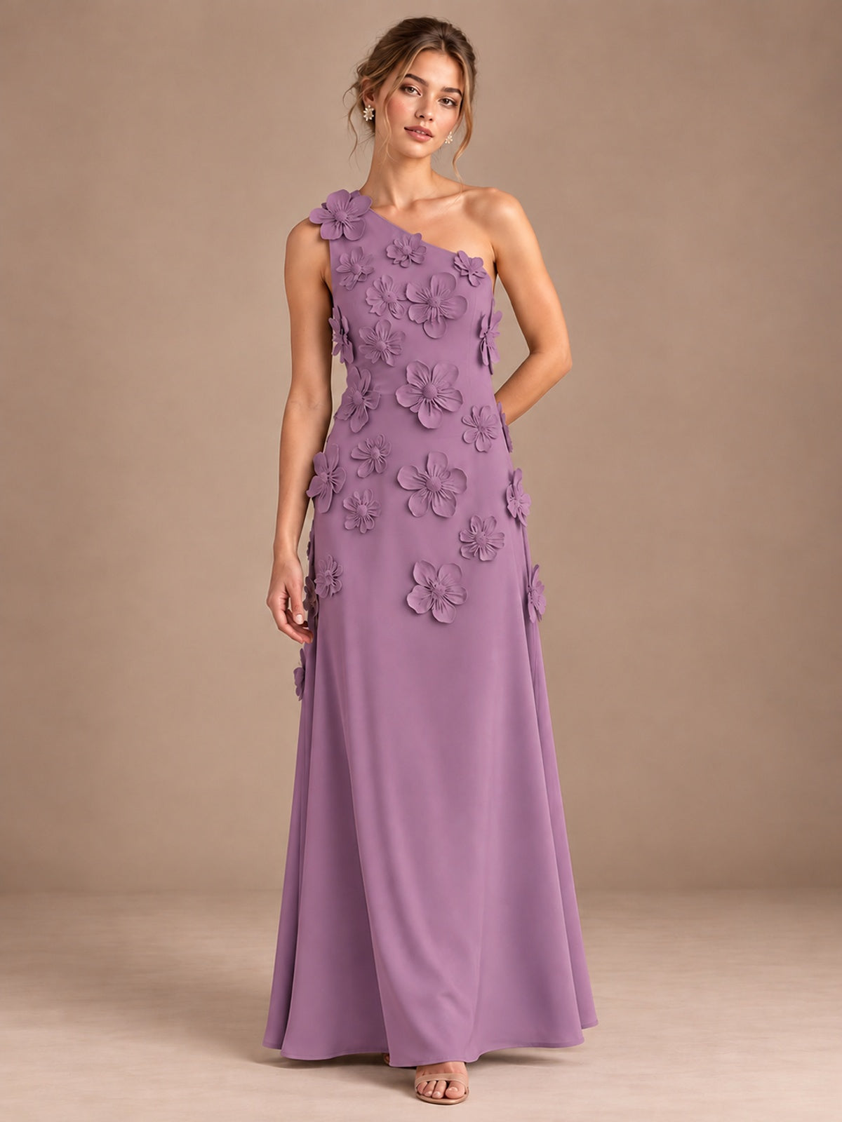 Wisteria- One Shoulder Satin Formal Maxi Dress with 3D Floral
