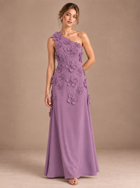Wisteria- One Shoulder Satin Formal Maxi Dress with 3D Floral