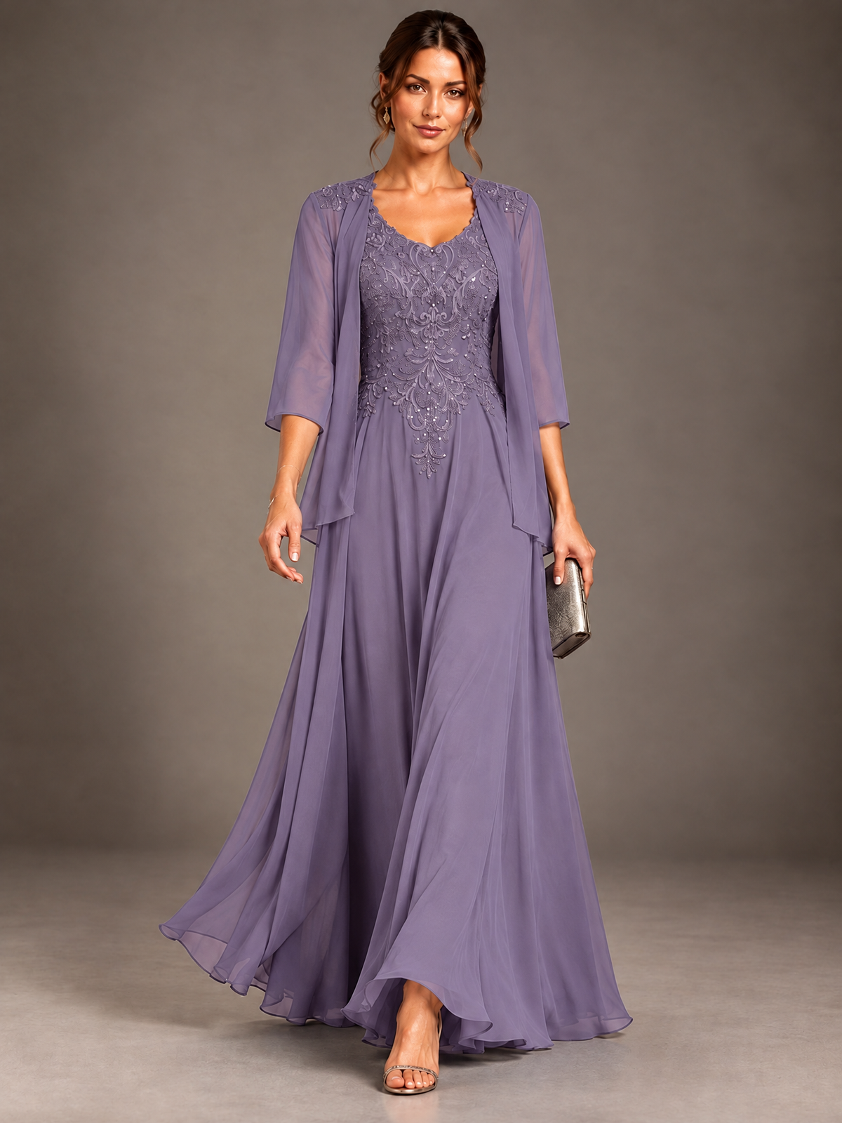 A-line 2 Pieces Chiffon Appliques Mother of The Bride Dresses with Jackets