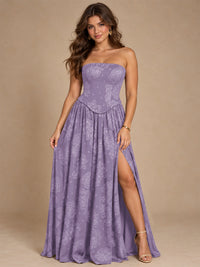 Chocolate Brown Floral Strapless Corset A-Line Evening Gown with Slit