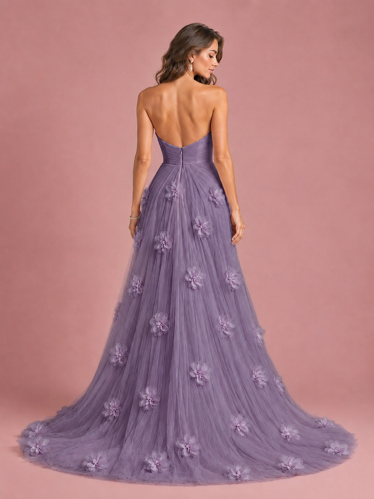 3D Floral Applique Strapless Tulle Prom Dress with High Slit