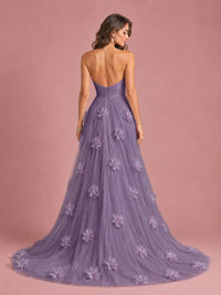 3D Floral Applique Strapless Tulle Prom Dress with High Slit