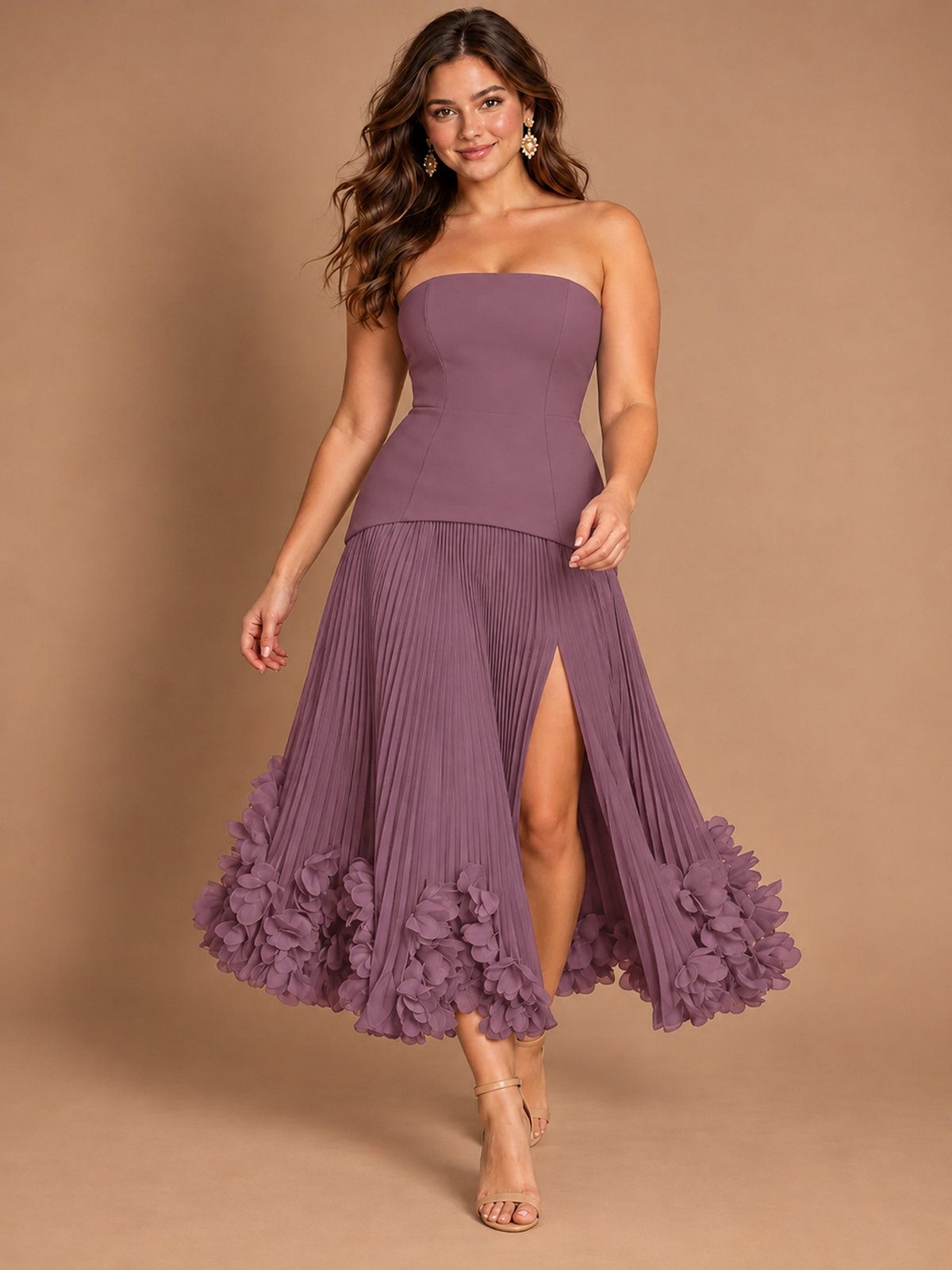 Navy Blue Strapless Pleated A-Line Midi Dress with 3D Floral Applique