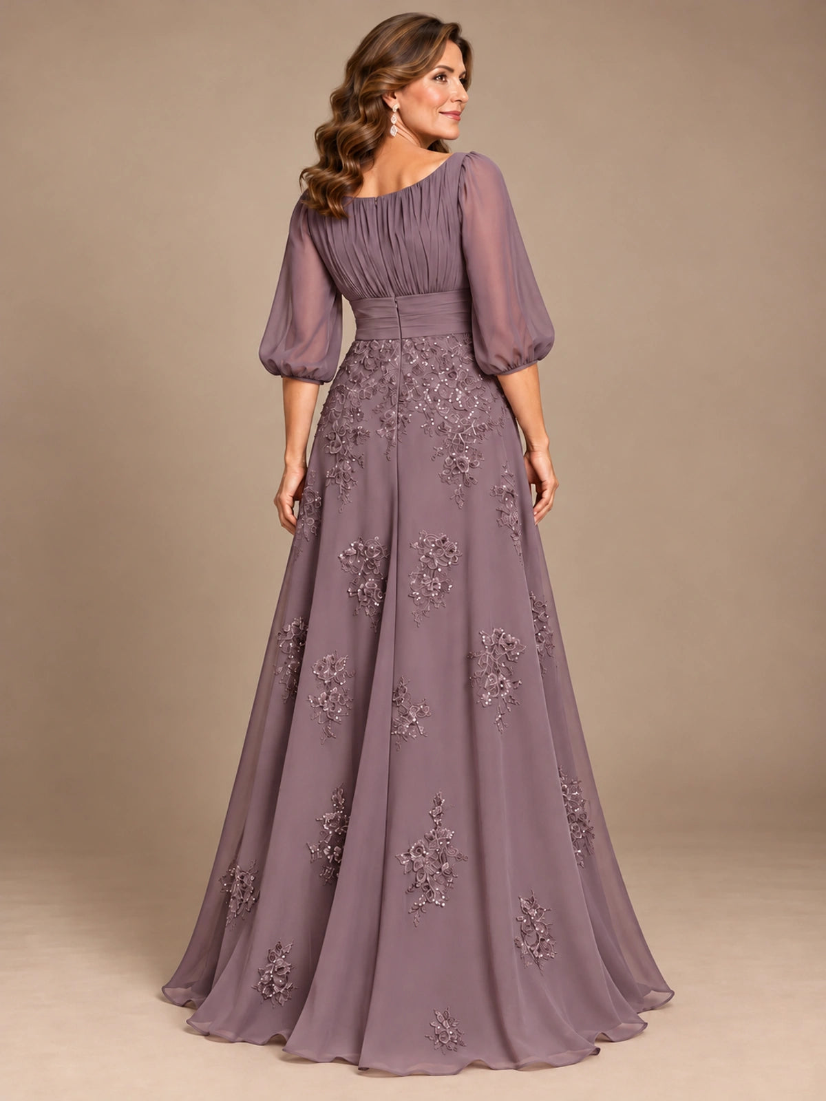 A-Line Mother of the Bride Dress with Sheer Puff Sleeves