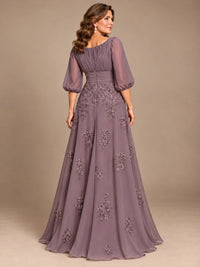 A-Line Mother of the Bride Dress with Sheer Puff Sleeves