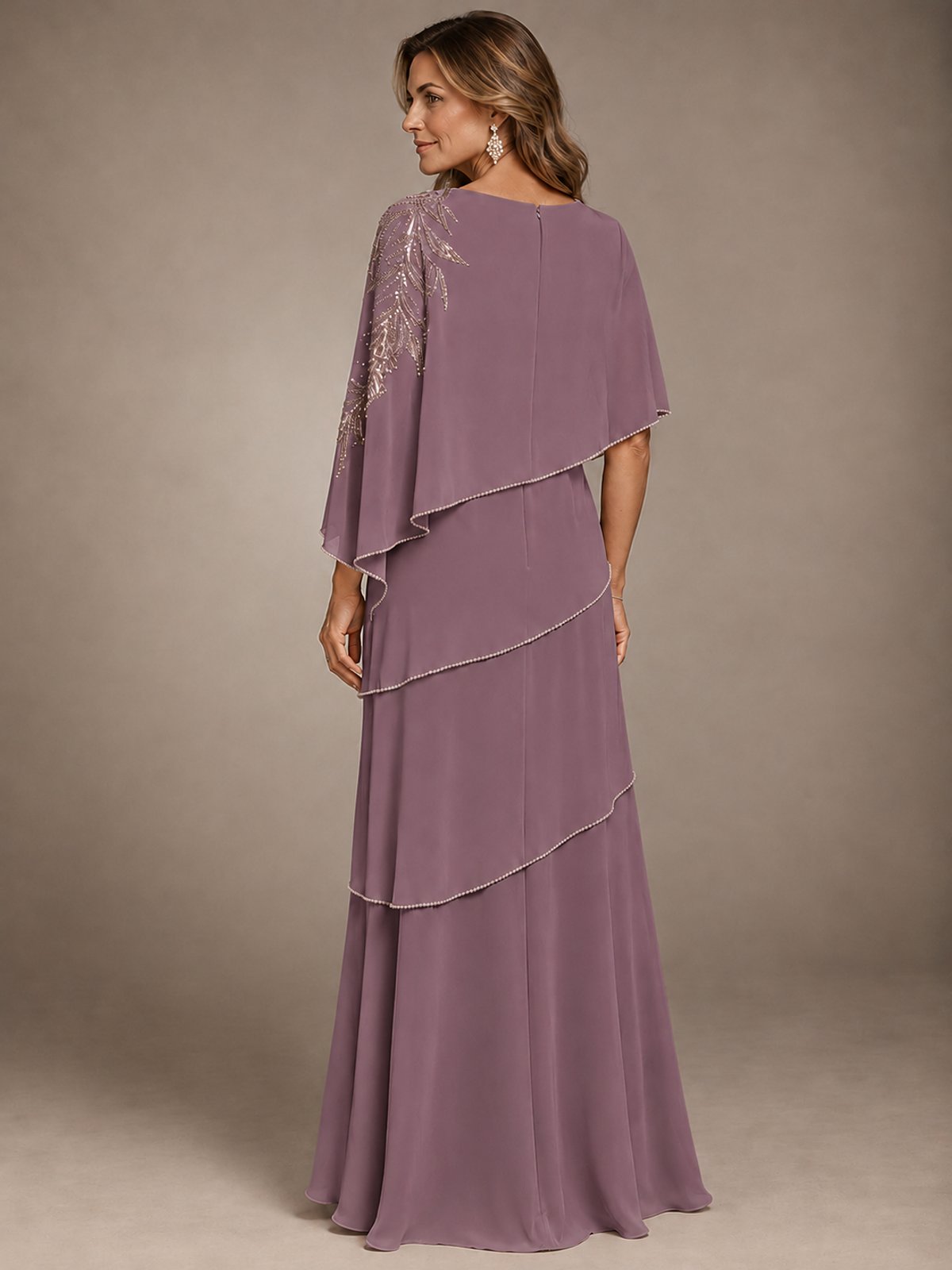 Elegant Chiffon Cape Sleeve Beaded Mother of the Bride Dress
