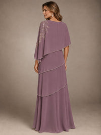 Elegant Chiffon Cape Sleeve Beaded Mother of the Bride Dress