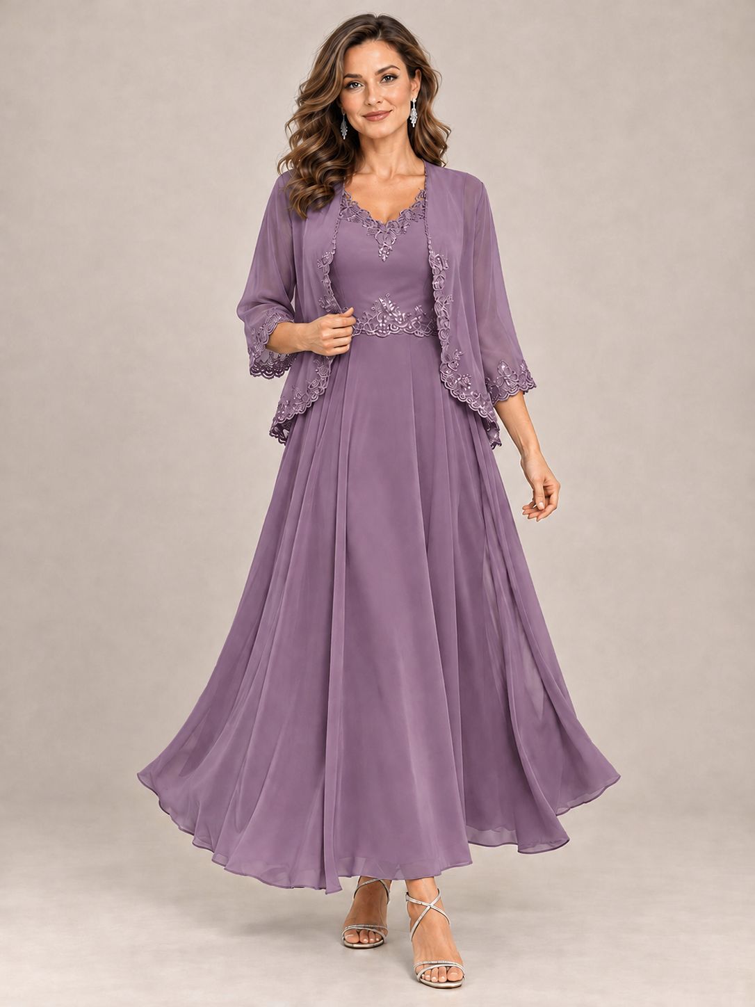 Dusty Blue Floral Lace Chiffon Mother of the Bride Dress with Jacket