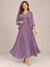 Dusty Blue Floral Lace Chiffon Mother of the Bride Dress with Jacket