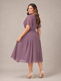 Navy Blue A-Line V-Neck Tea-Length Mother of the Bride Dress