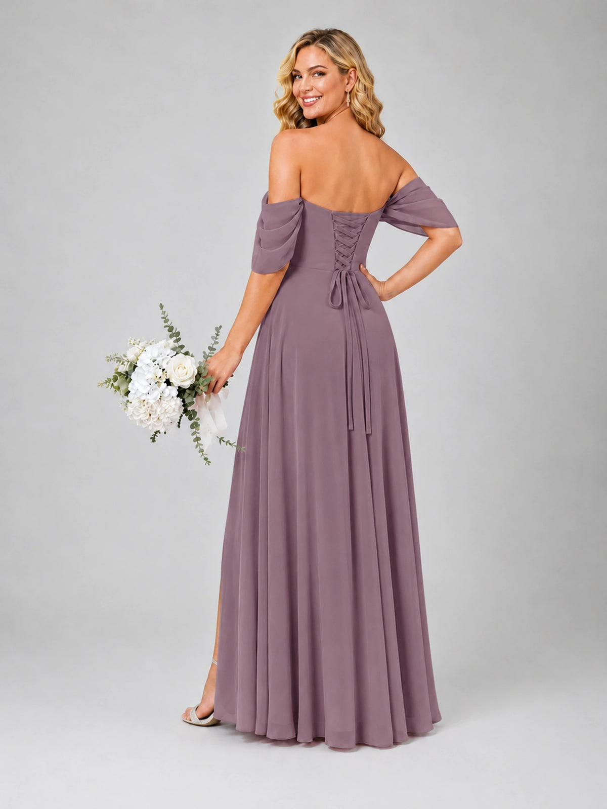 Off Shoulder Chiffon Bridesmaid Dress with Slit