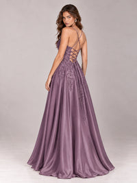 Lace Applique Satin A-Line Prom Dress with Sheer Bodice