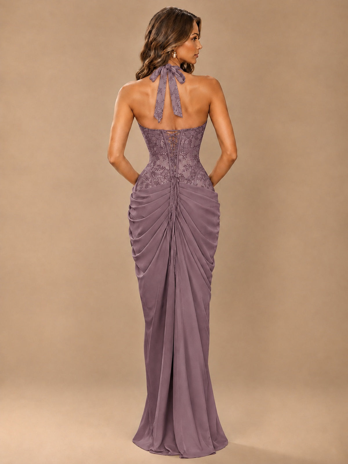 Sweetheart Halter Prom Dress Pleated Lace Floral Formal Dress with Slit