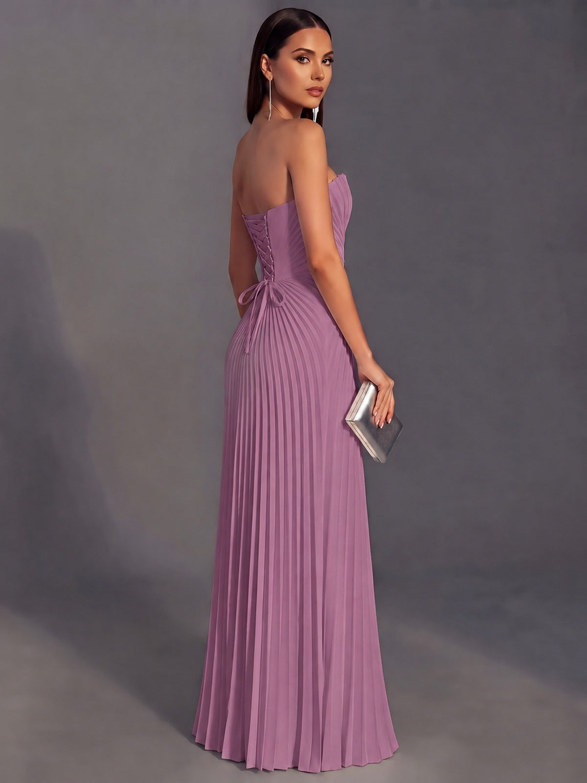 Strapless A-line Long Pleated Satin Prom Dress