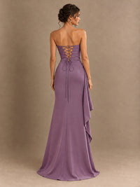 Black and White Strapless Ruched Prom Dress with High Slit & Side Drape