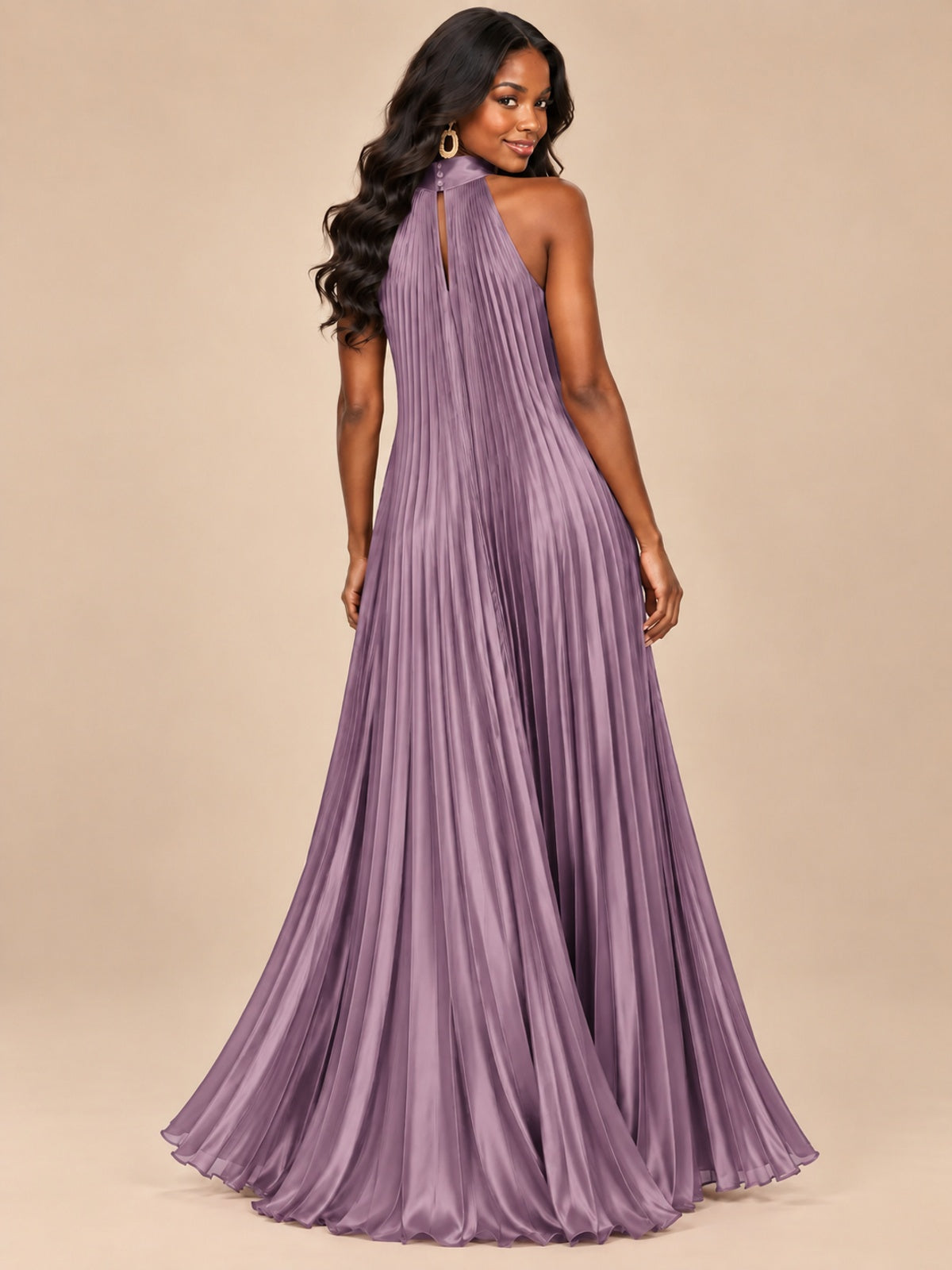 Rust Orange Pleated Halter Neck Maxi Dress